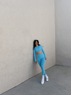 light blue workout set. Scrunch Butt style for a lifted look Ribbed Waistband to ensure a firm fit